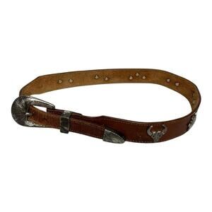 Vtg Silver Creek Collection Distressed Brown Leather Belt Concho Animals Size 26